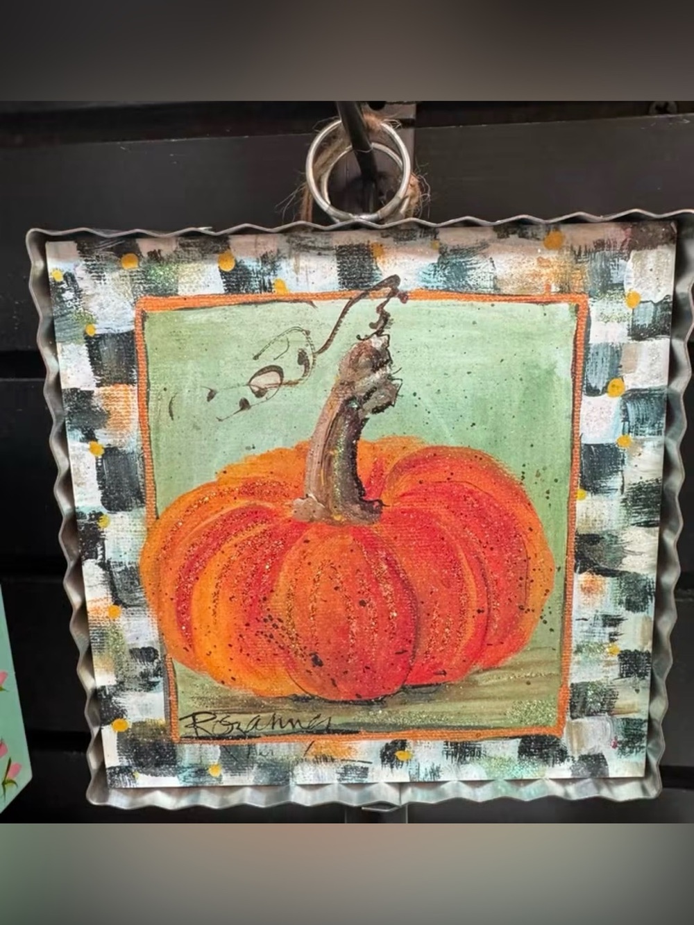 Black and White Checkered Border Orange Pumpkin Metal Fall Mini Print